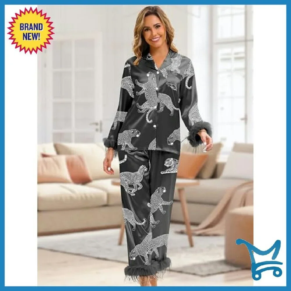 Silk Satin Pajama Set with Feather Trim Long Sleeve Pocket Sleepwear